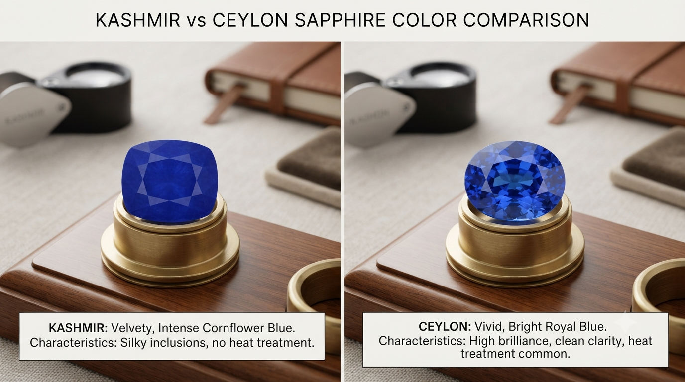 Color comparison between Kashmir blue sapphire and Ceylon blue sapphire